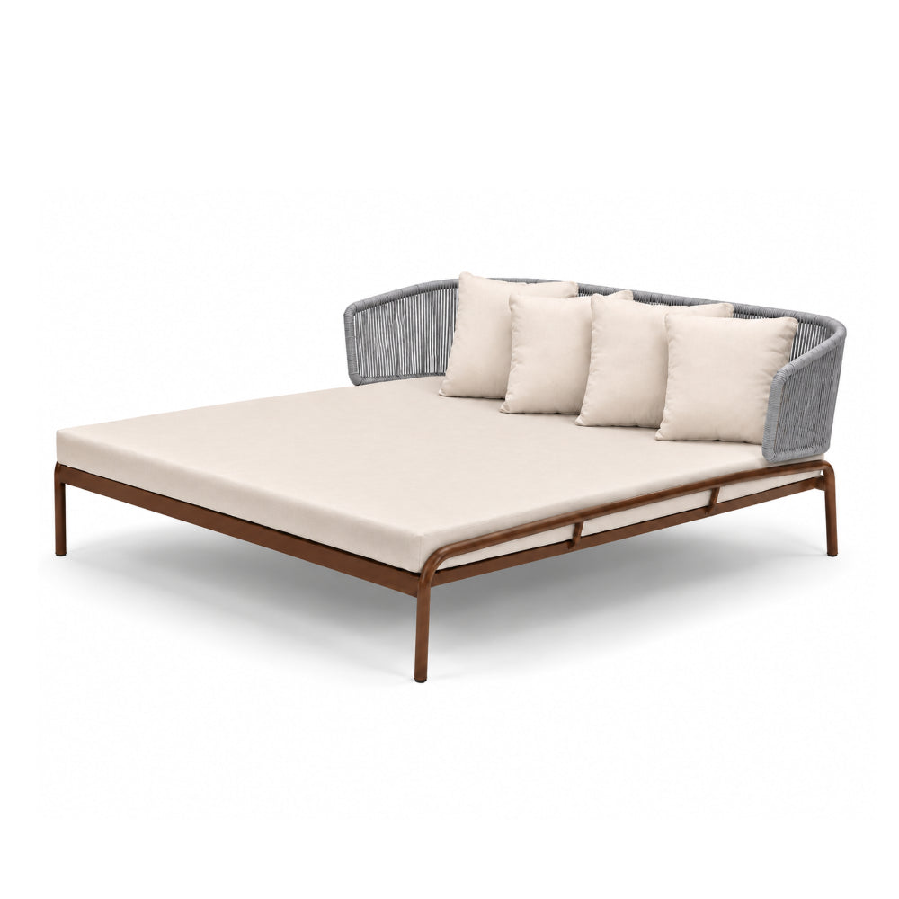 Luxury Double Outdoor Daybed with Aluminum Wood-Finish Frame & Off-White Cushions | Modern Patio Sunbed