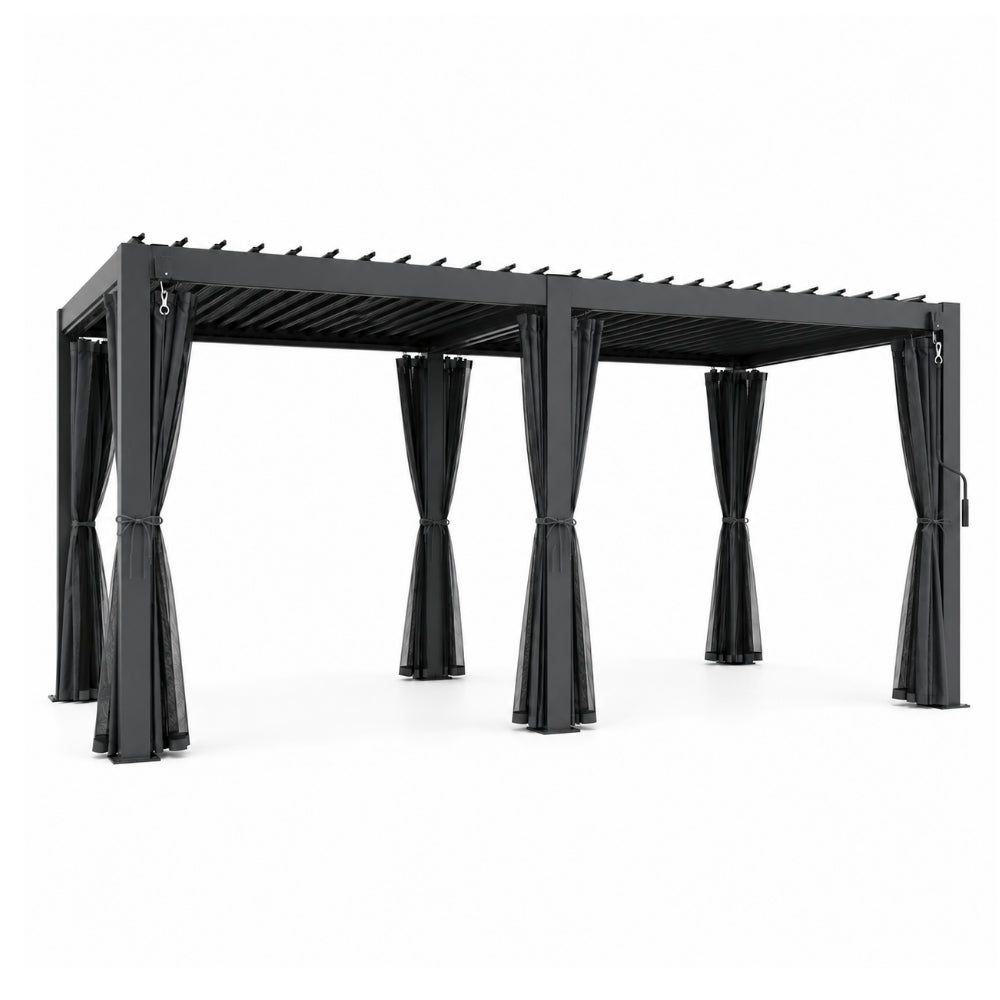 3x6M Aluminum Louver Pergola with Manual Adjustable Roof, Curtains & Mosquito Net – Dark Grey Outdoor Garden Gazebo