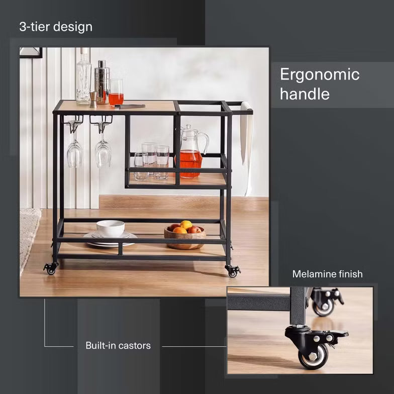 2-Tier Serving Trolley – Melamine – Black/Natural Finish