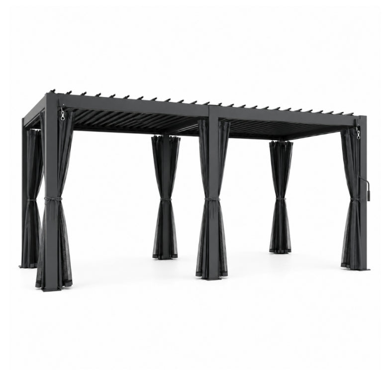 3x6M Aluminum Louver Pergola with Manual Adjustable Roof, Curtains & Mosquito Net – Dark Grey Outdoor Garden Patio Gazebo