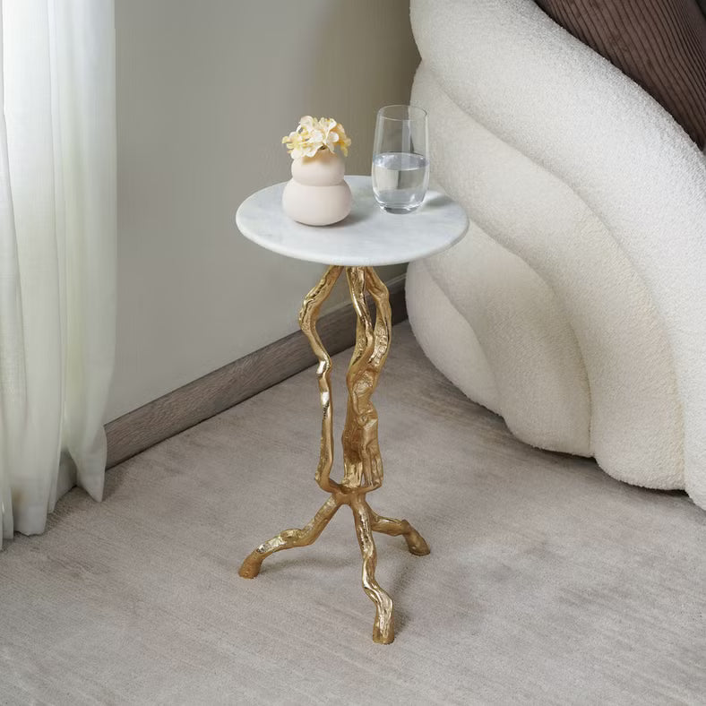 Luxurious Round Accent Table – White Marble Top with Gold Metal Base