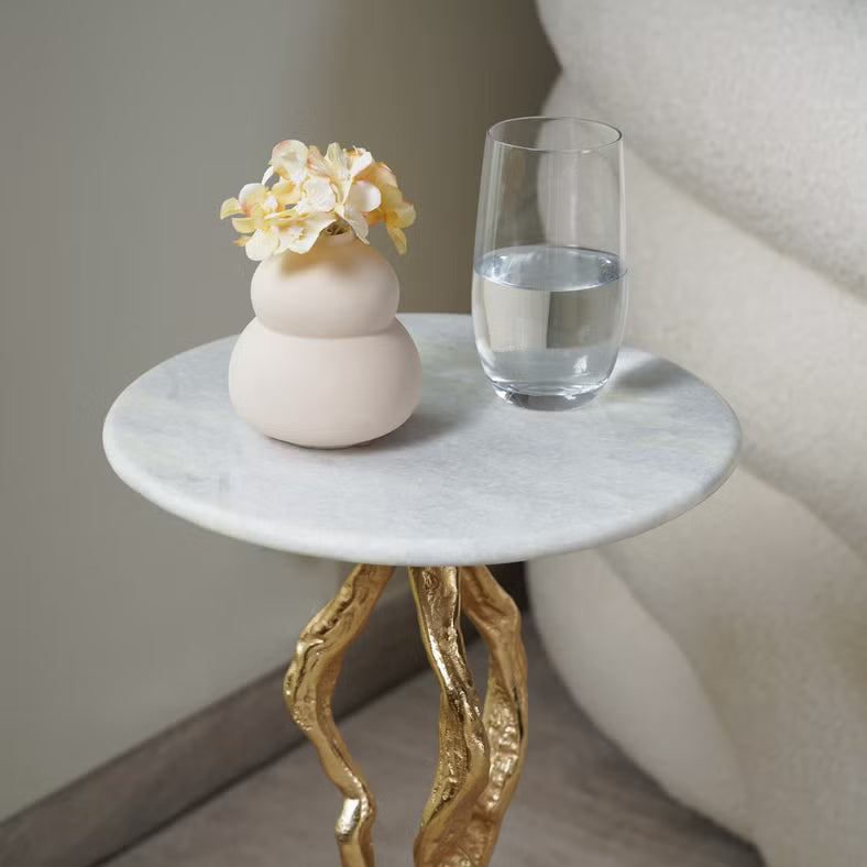Luxurious Round Accent Table – White Marble Top with Gold Metal Base