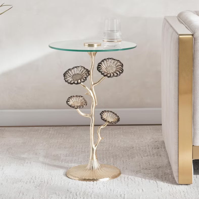 Modern Round Side Table – Clear Glass Top with Gold Metal Frame