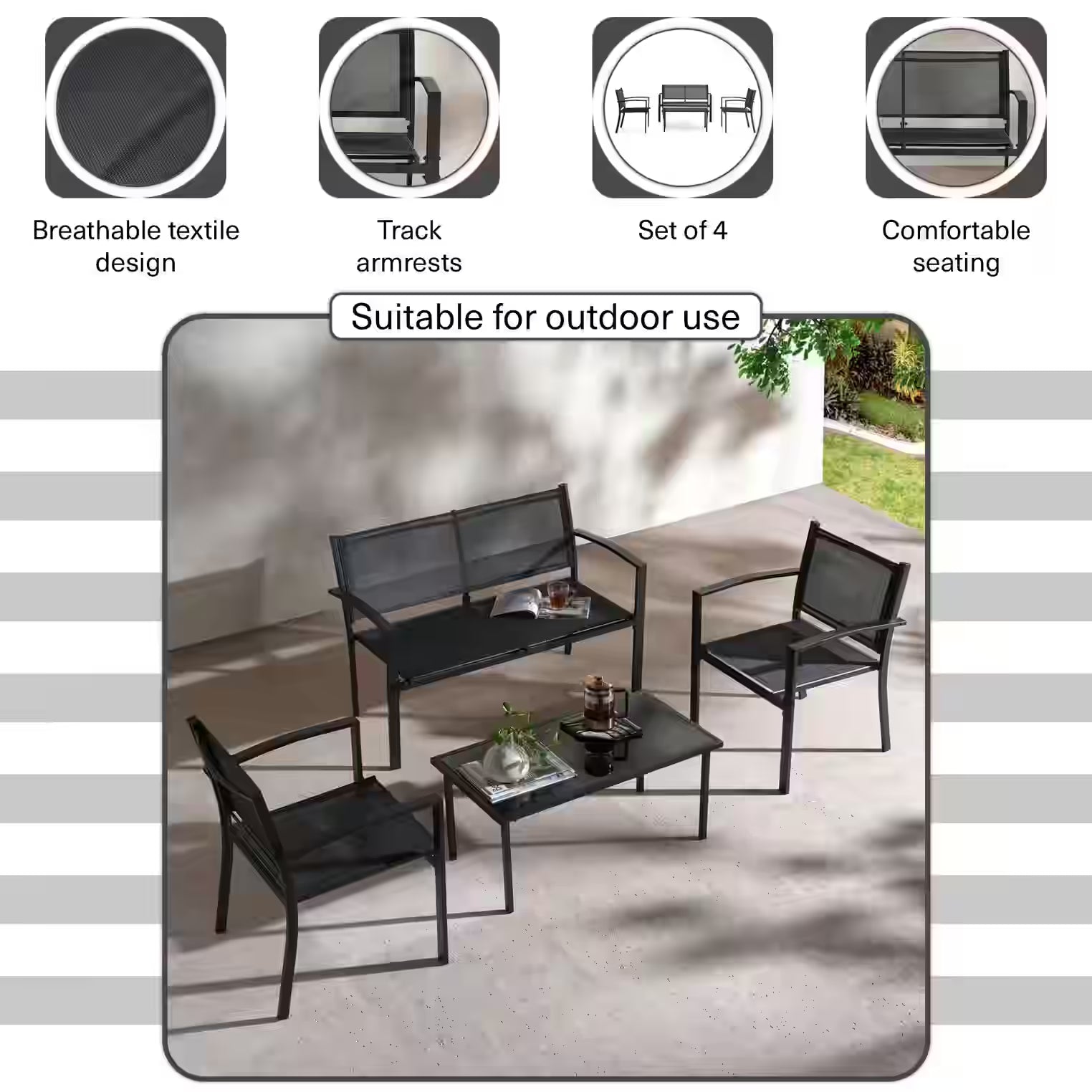 Outdoor Sofa Set (2+1+1+Coffee Table) – Black