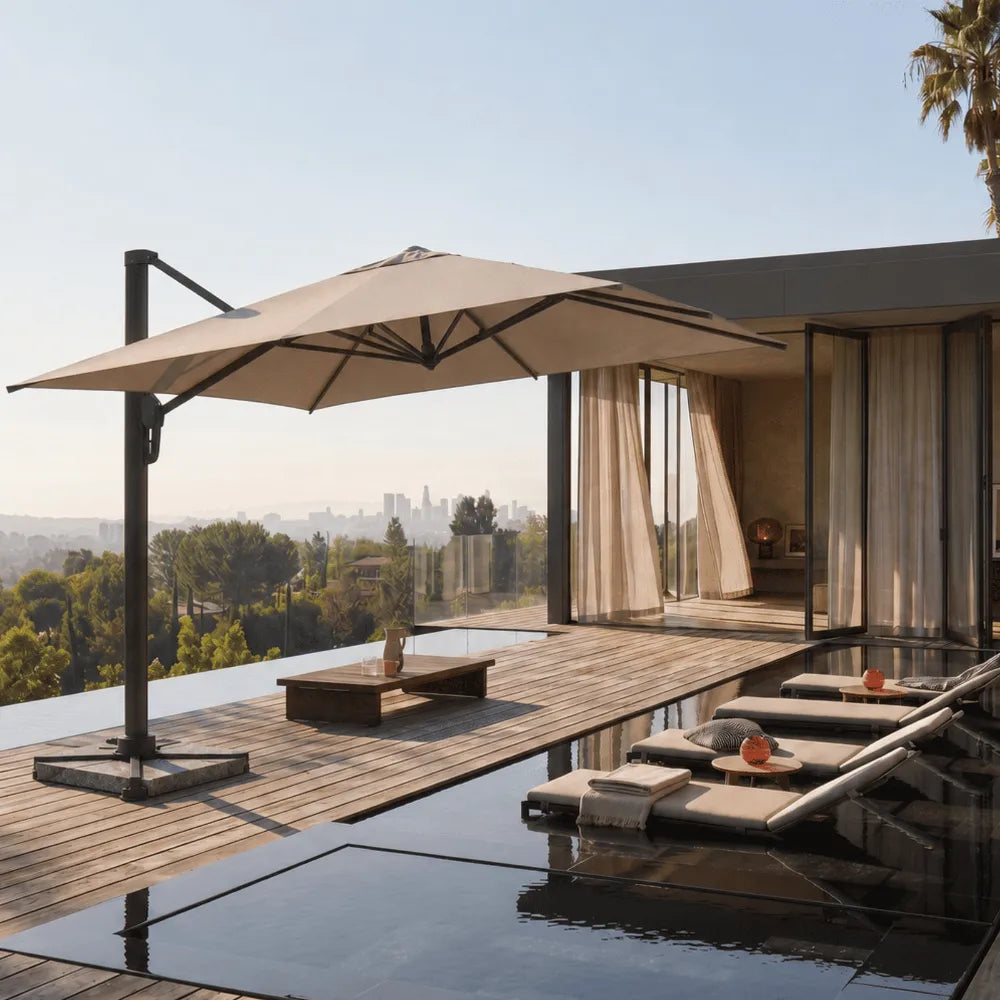 3x3m Aluminum Outdoor Cantilever Umbrella with Rotating Canopy & Marble Base – Khaki Garden Patio Sun Shade