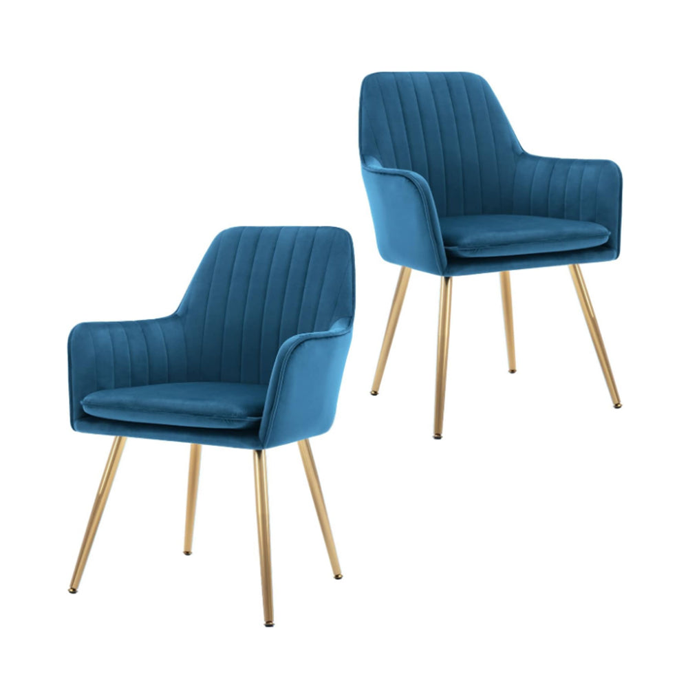 Velvet Dining Chair Set of 2 - Mid-Back Accent Chair, Modern Leisure Armchair with Gold Plating Legs (Blue)-GCC Home Center