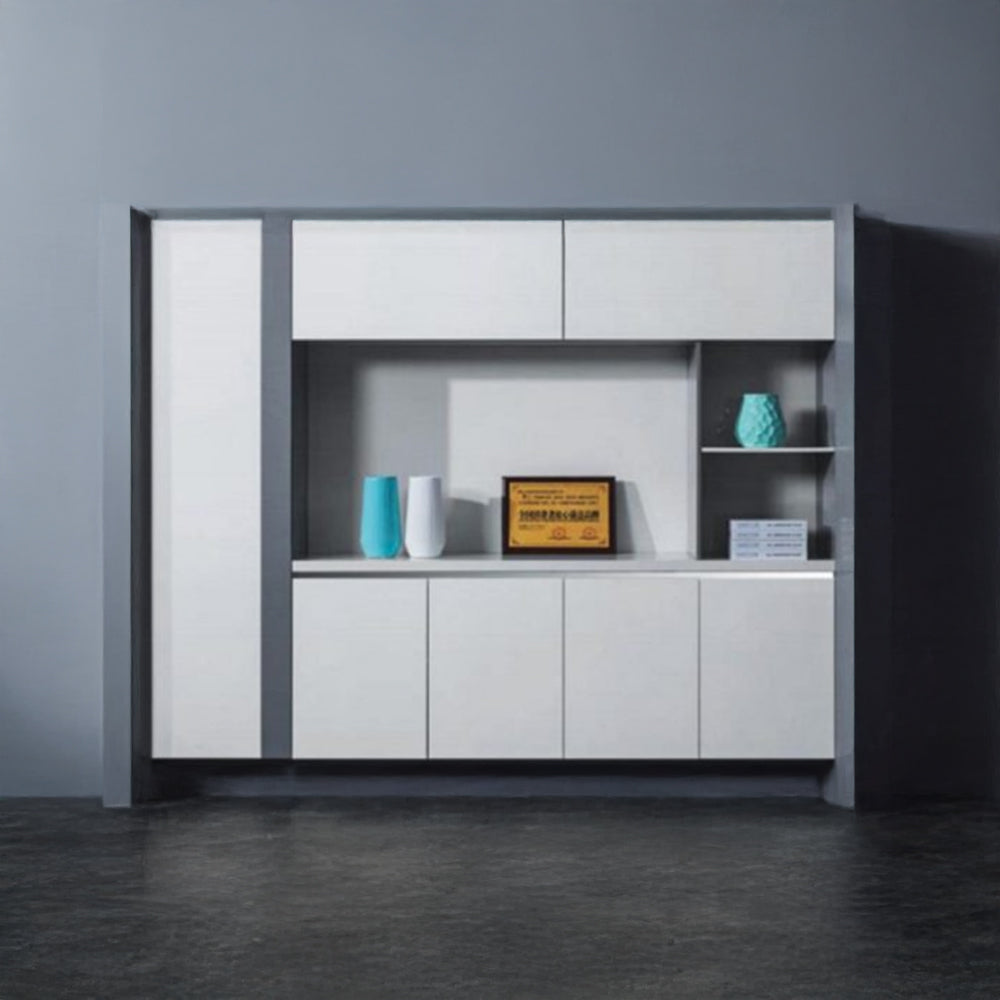 File Cabinet With 3-Shelves, 4-Door Cupboard And 2-Upper Cupboard, Elegant Glossy White Finish-GCC Home Center