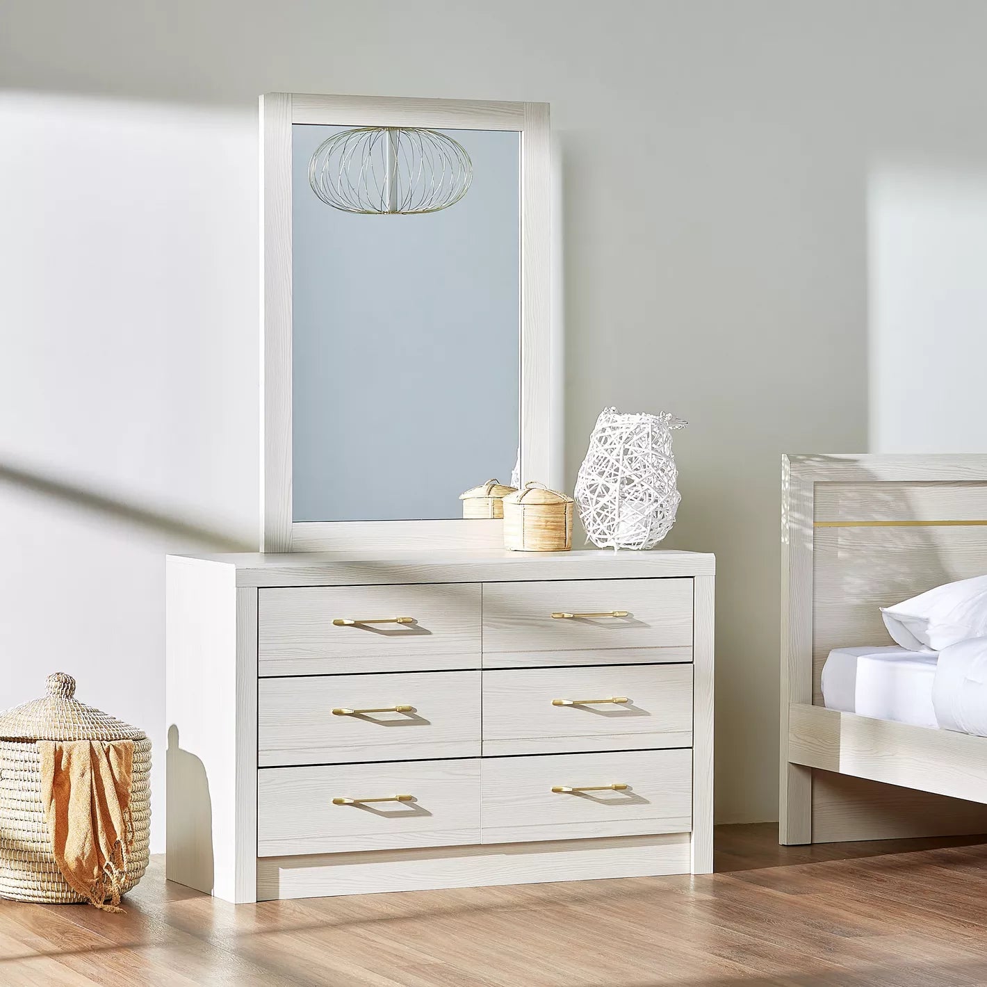 6-Drawer Dresser with Mirror, Sleek And Modern Design Vanity Table-GCC Home Center