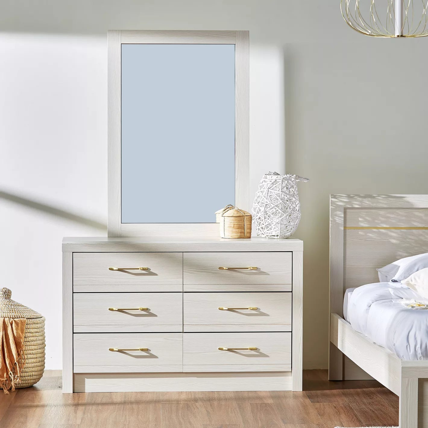 6-Drawer Dresser with Mirror, Sleek And Modern Design Vanity Table-GCC Home Center