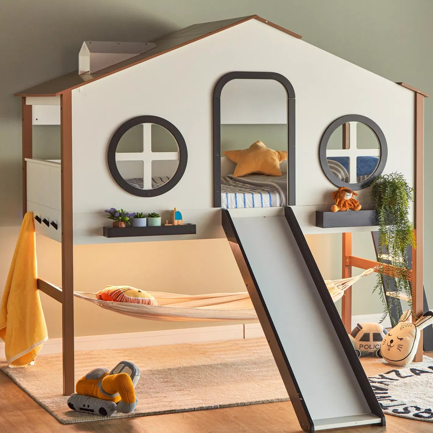 Treehouse LED Play Twin Bed with Slide and Hammock - 90x200 cm-GCC Home Center