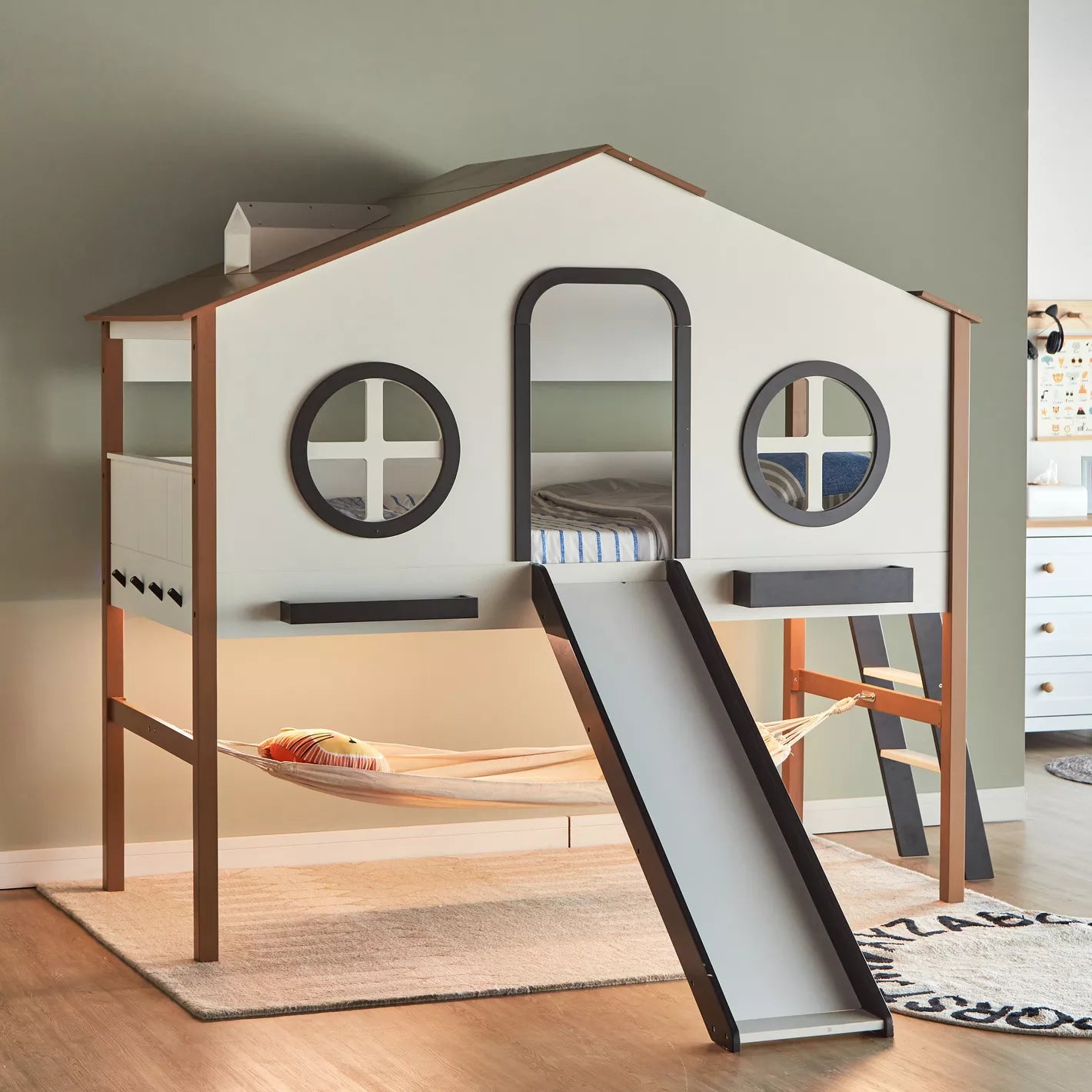 Treehouse LED Play Twin Bed with Slide and Hammock - 90x200 cm-GCC Home Center