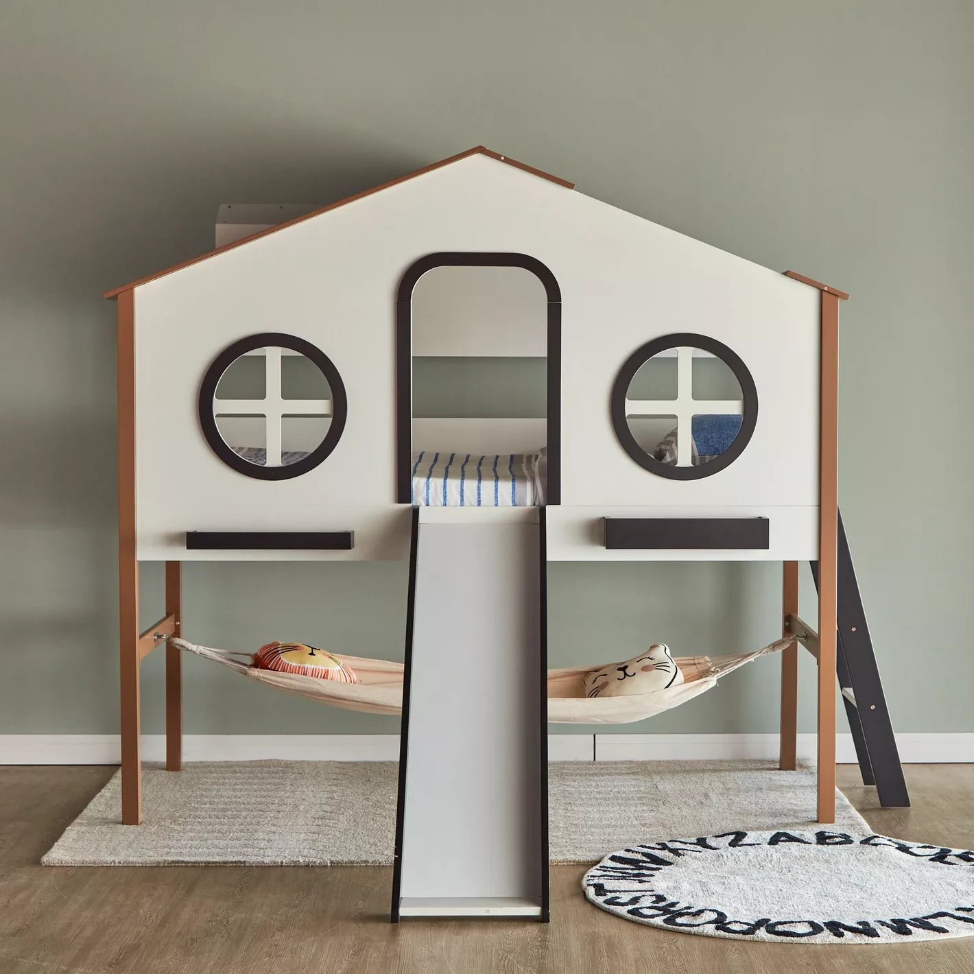 Treehouse LED Play Twin Bed with Slide and Hammock - 90x200 cm-GCC Home Center