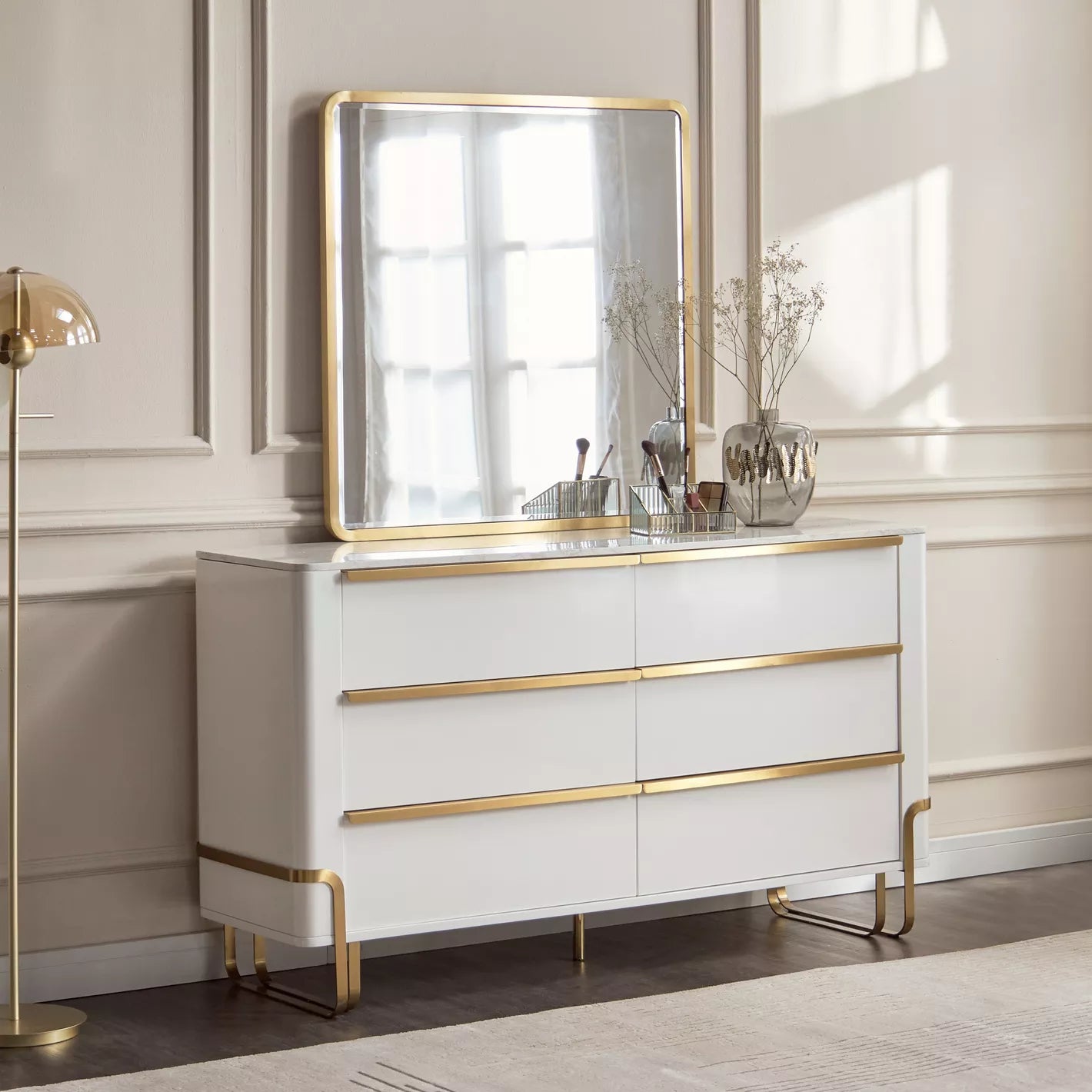 6-Drawer Dresser with Mirror, Modern Vanity Table With Gold Metal Legs-GCC Home Center