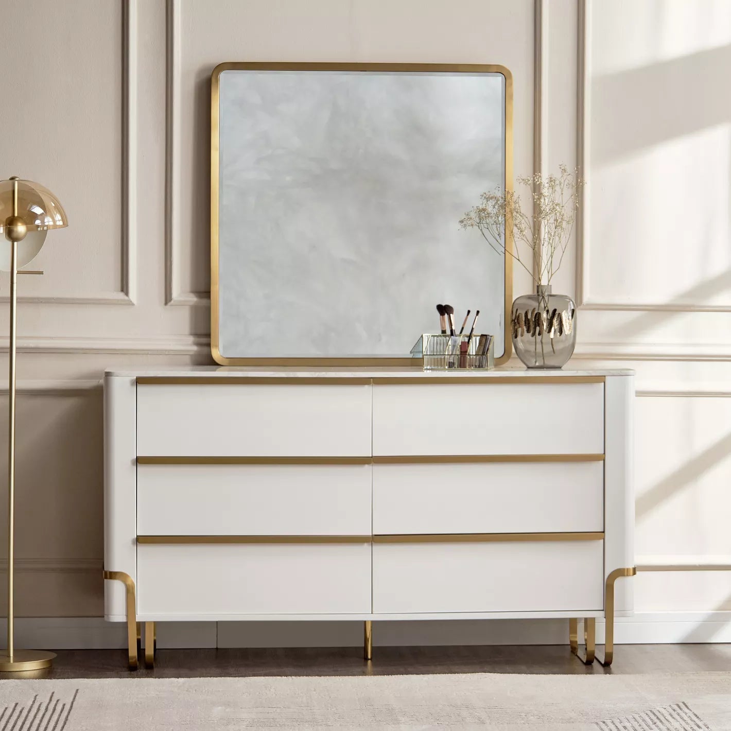6-Drawer Dresser with Mirror, Modern Vanity Table With Gold Metal Legs-GCC Home Center