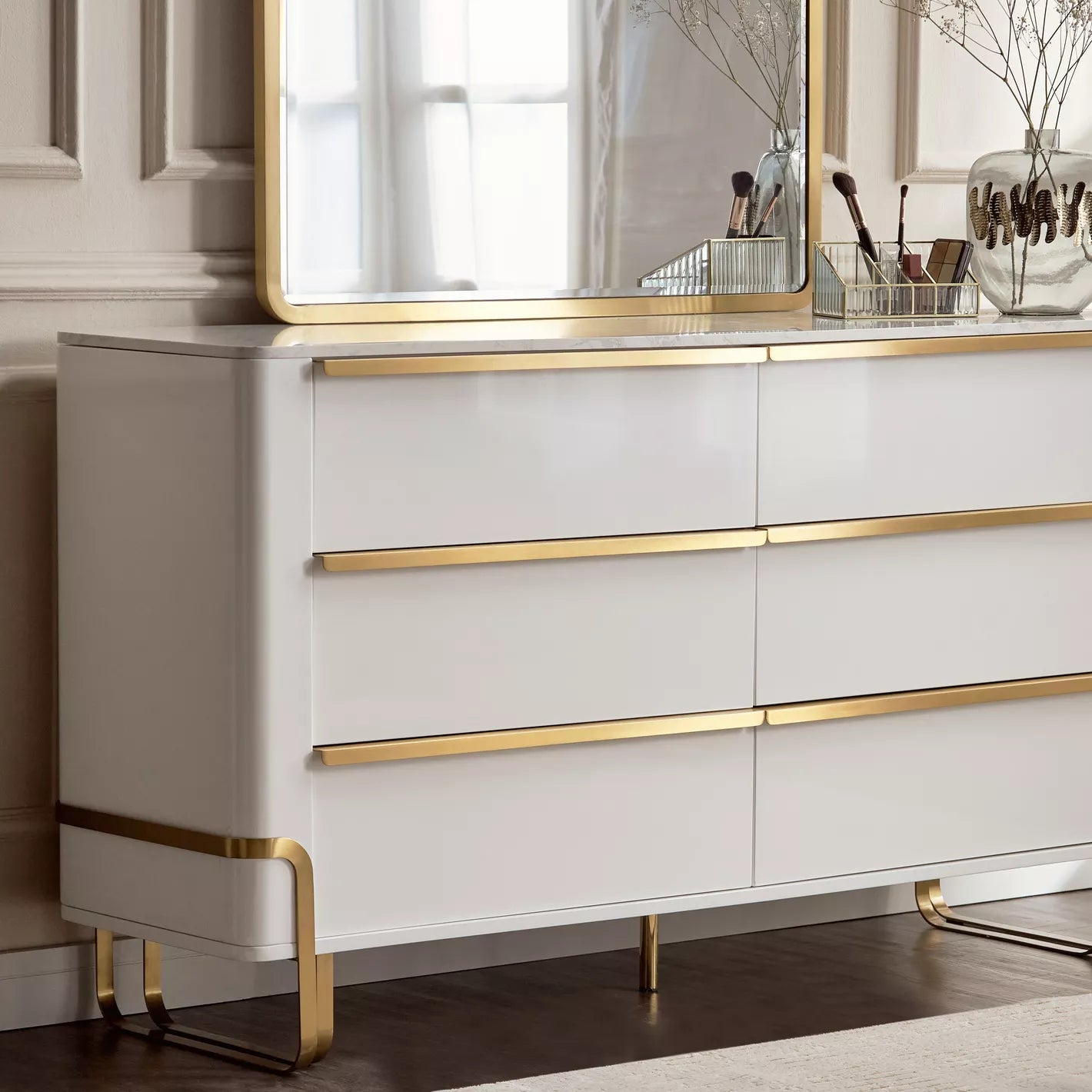 6-Drawer Dresser with Mirror, Modern Vanity Table With Gold Metal Legs-GCC Home Center