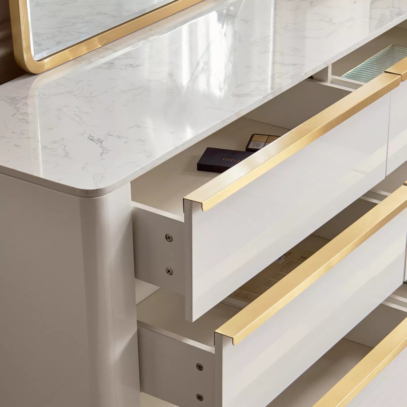 6-Drawer Dresser with Mirror, Modern Vanity Table With Gold Metal Legs-GCC Home Center