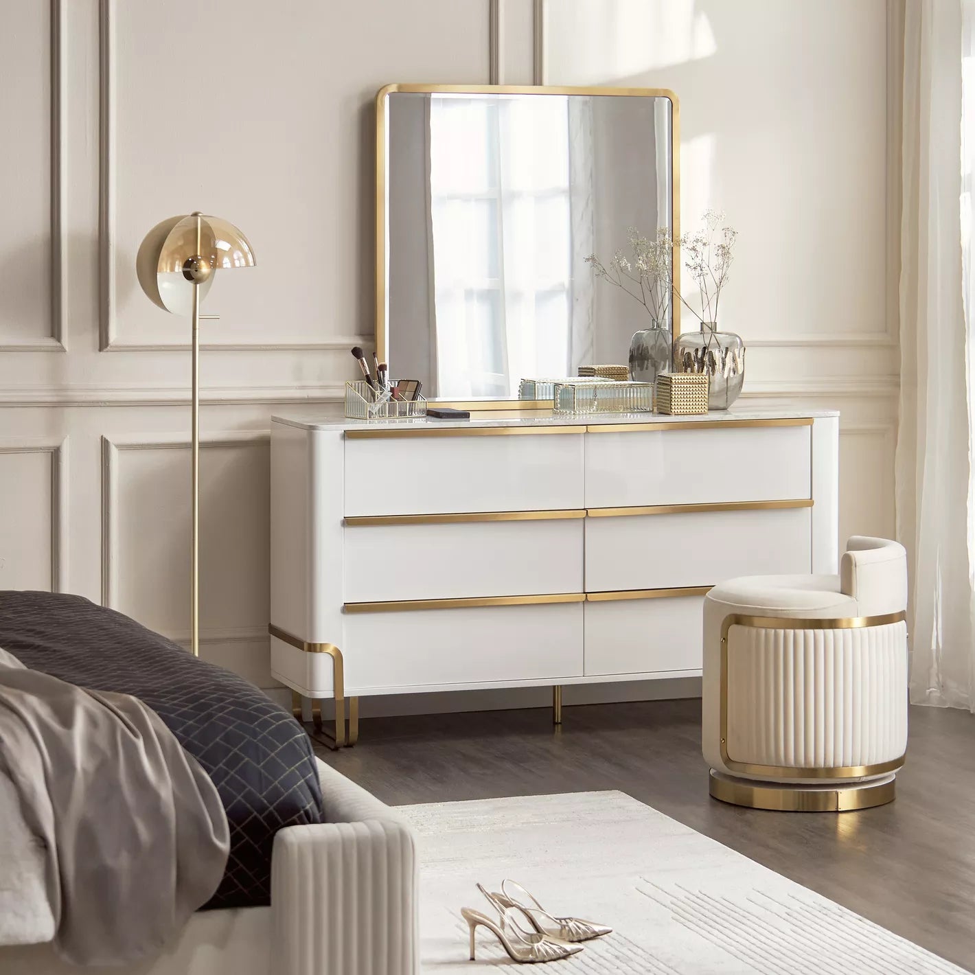 6-Drawer Dresser with Mirror, Modern Vanity Table With Gold Metal Legs-GCC Home Center