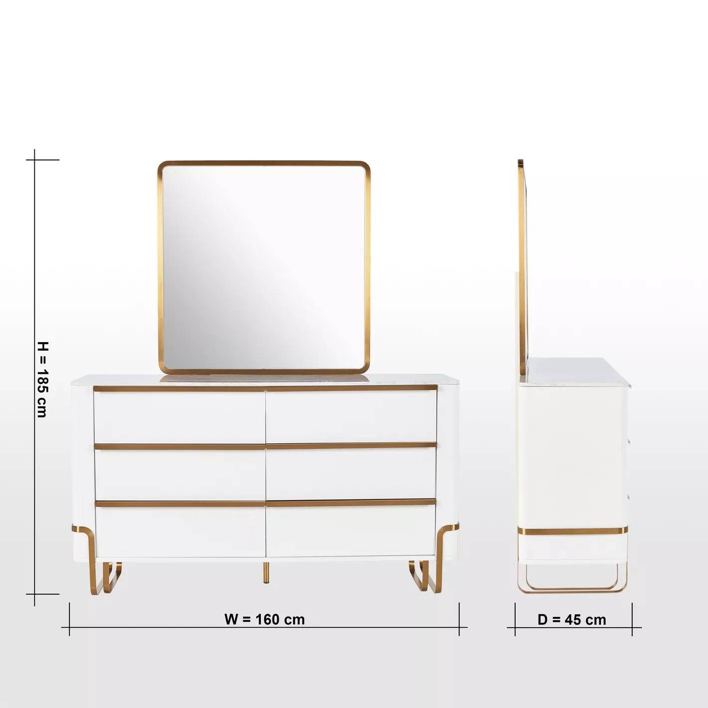 6-Drawer Dresser with Mirror, Modern Vanity Table With Gold Metal Legs-GCC Home Center