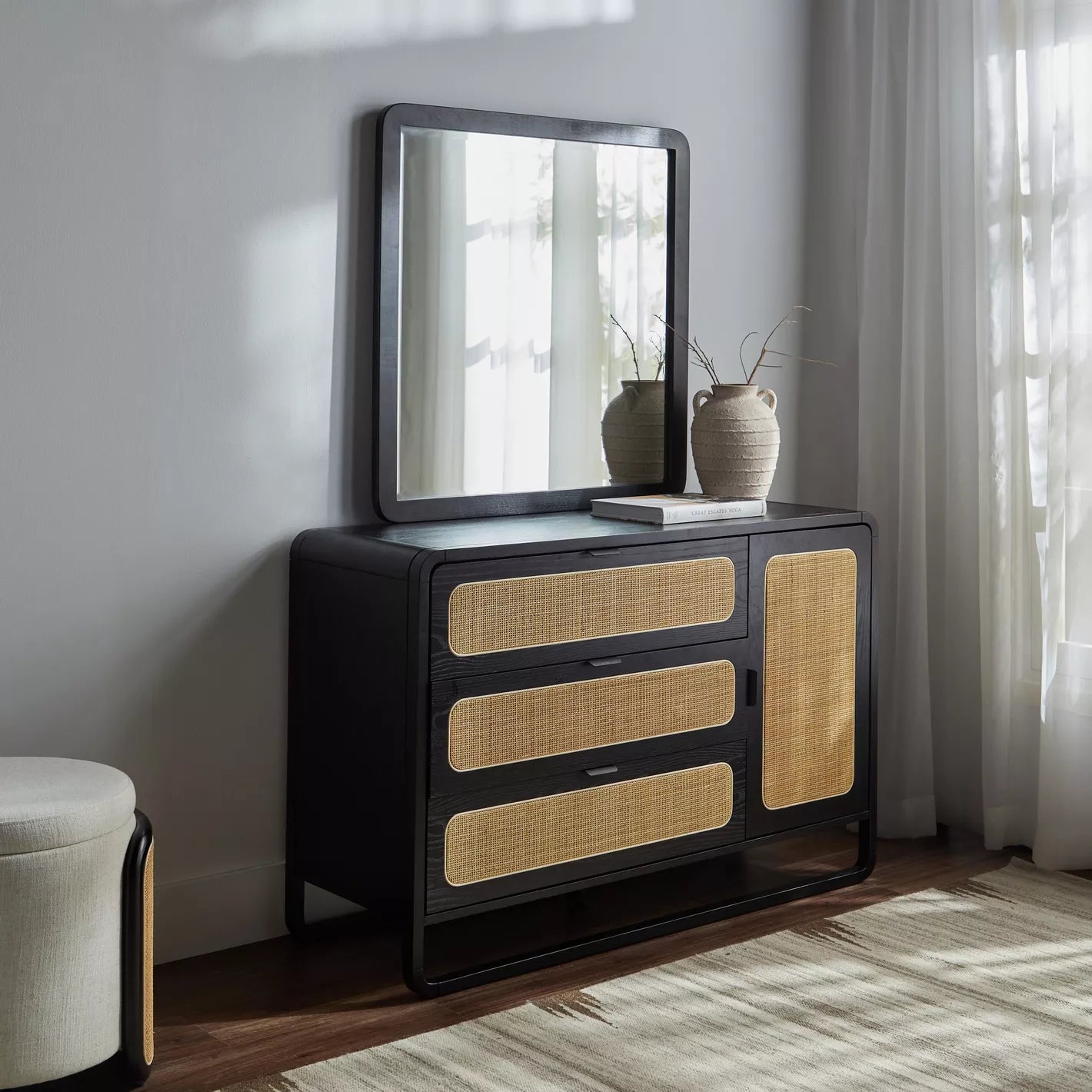 3-Drawer Dresser With Mirror, Modern Design Engineered Wood Dressing Table For Bedrooms-GCC Home Center