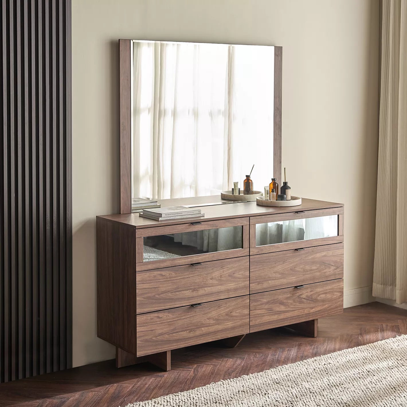 6-Drawer Dresser With Mirror, Elegant Design Wood Dressing Table With Glass On The Drawers-GCC Home Center