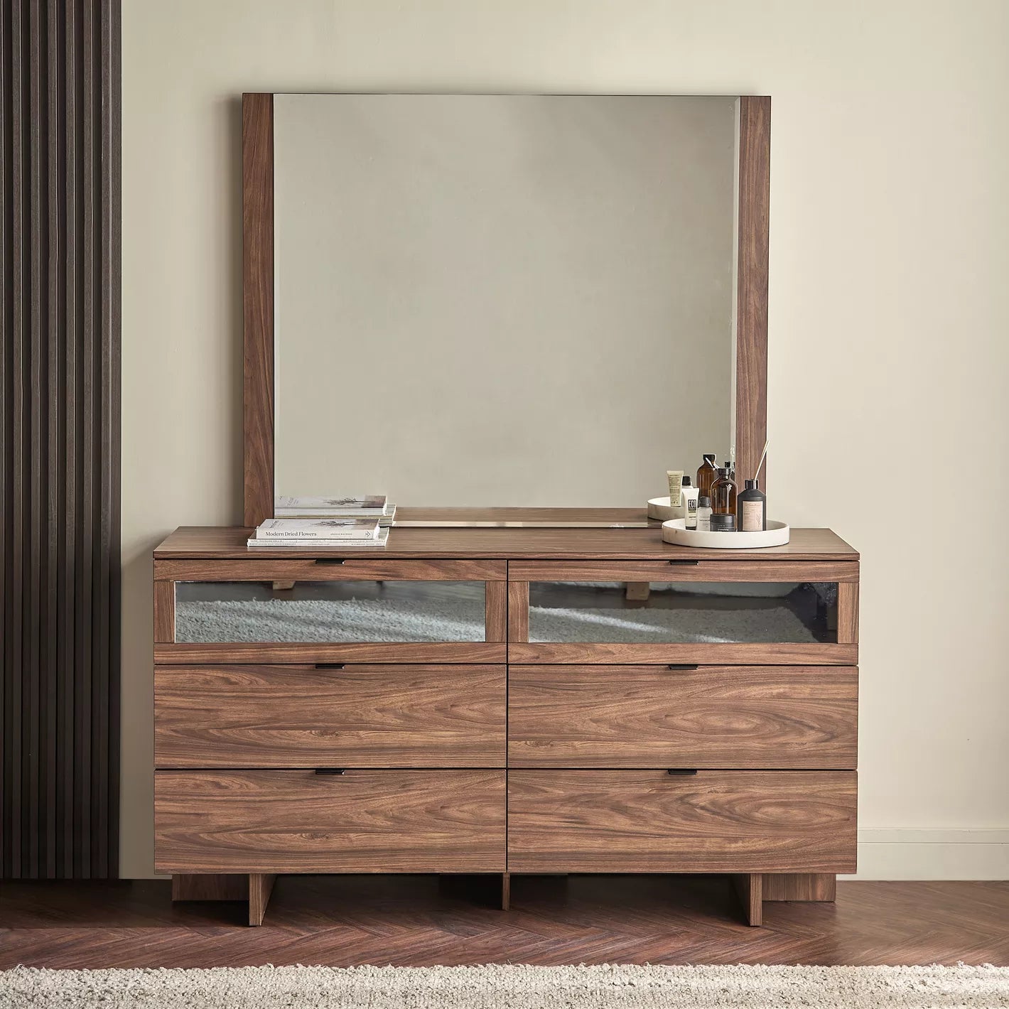 6-Drawer Dresser With Mirror, Elegant Design Wood Dressing Table With Glass On The Drawers-GCC Home Center