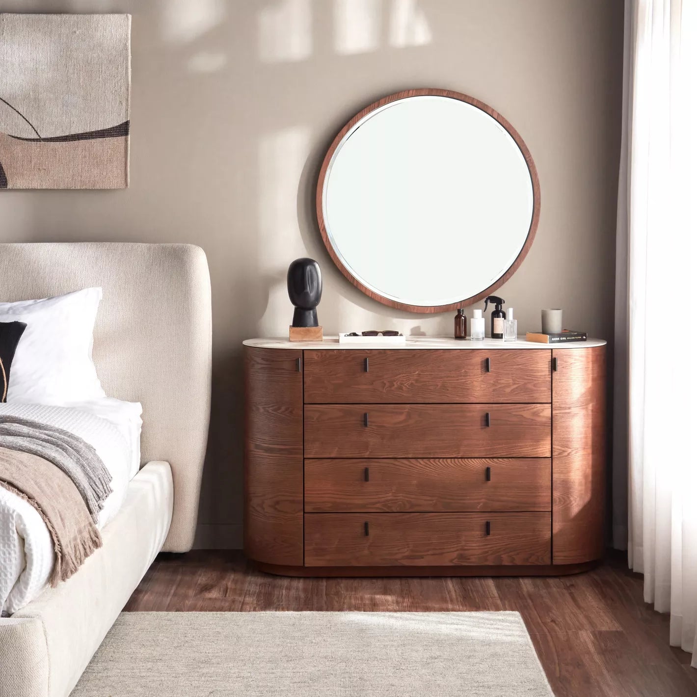 4-Drawer Dresser with Mirror, Unique Shape Vanity Table-GCC Home Center