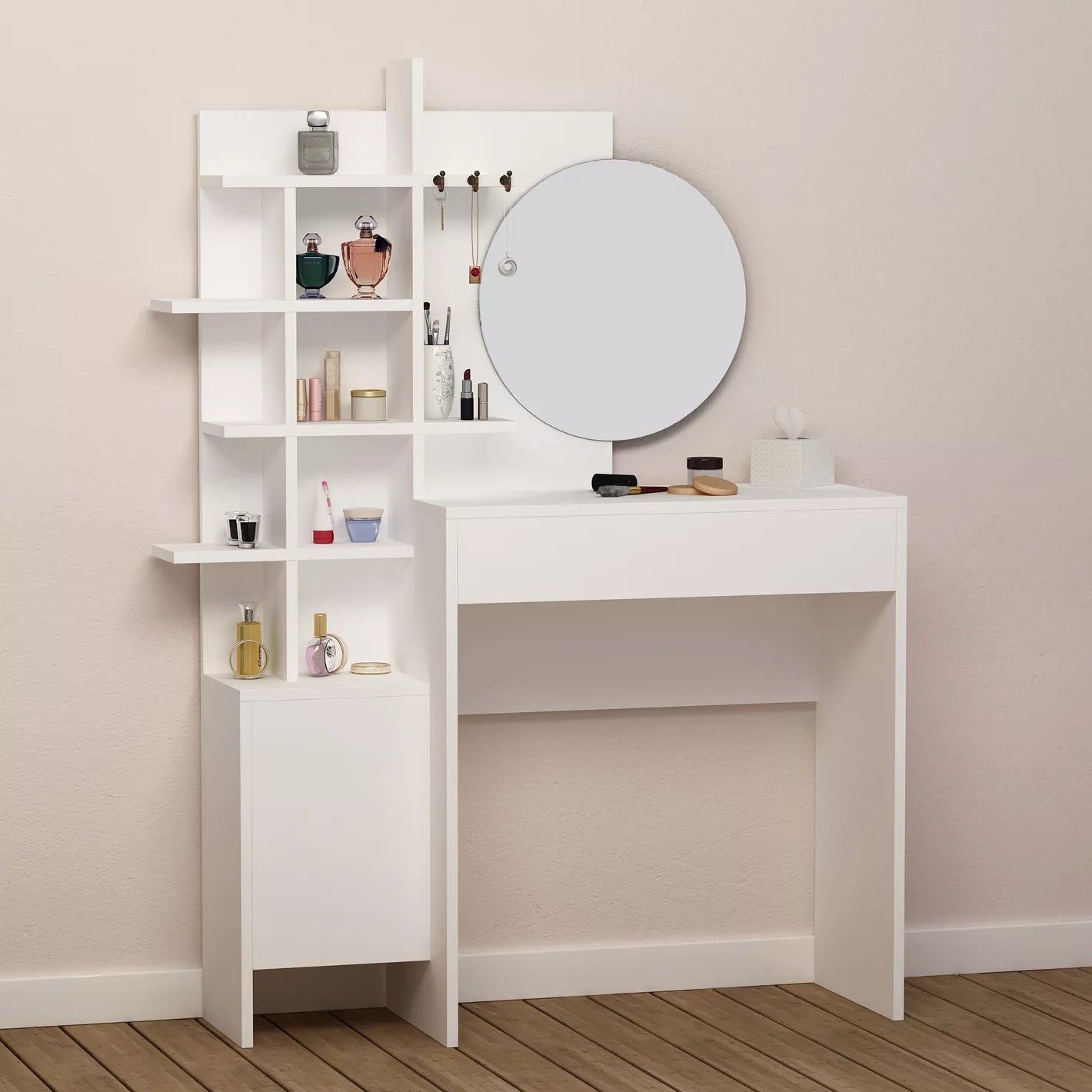 Dressing Table With Mirror And Storage, Four Shelves For Organization, Modern Touch For Bedroom-GCC Home Center