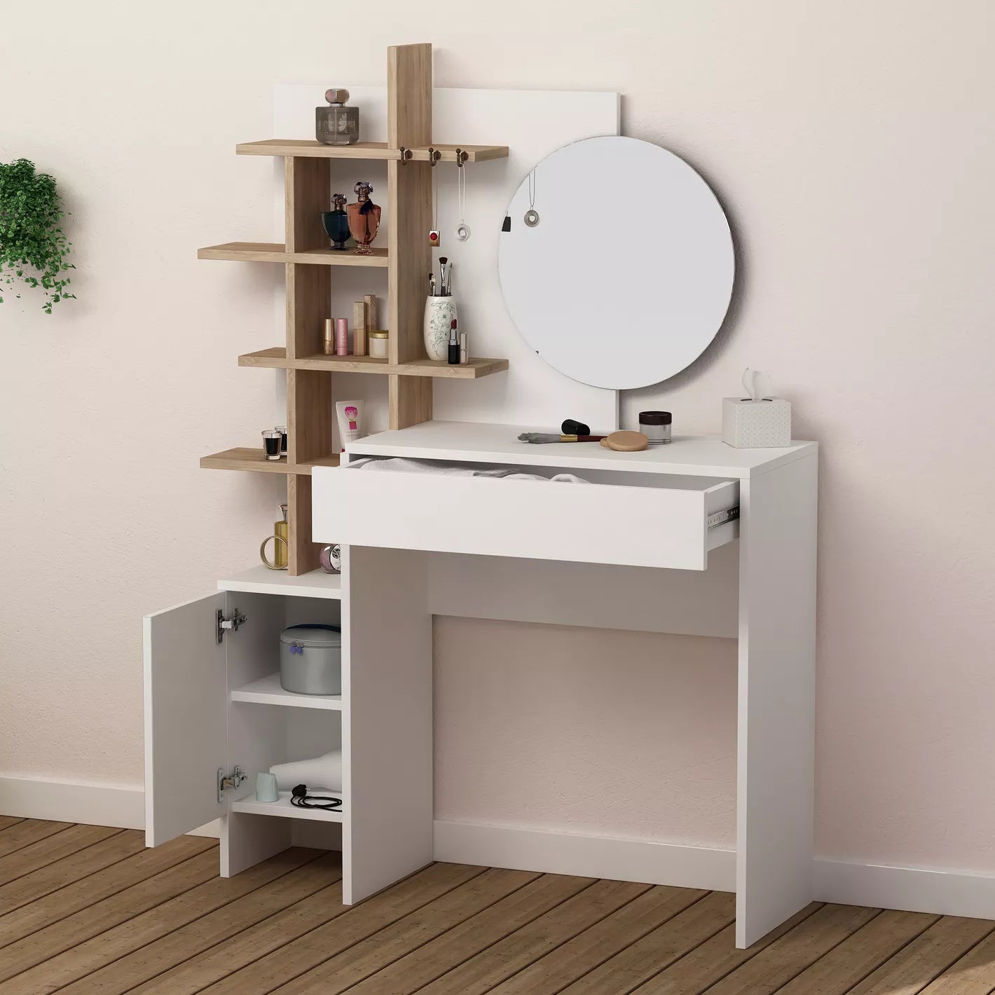 Dressing Table With Mirror And Storage, Four Shelves For Organization, Modern Touch For Bedroom-GCC Home Center