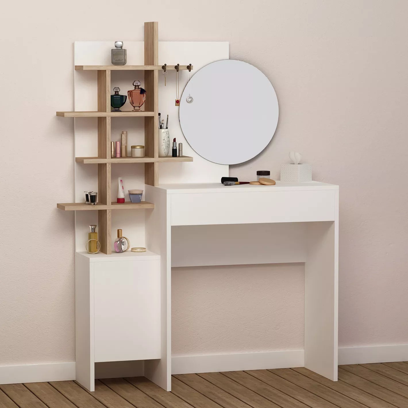 Dressing Table With Mirror And Storage, Four Shelves For Organization, Modern Touch For Bedroom-GCC Home Center