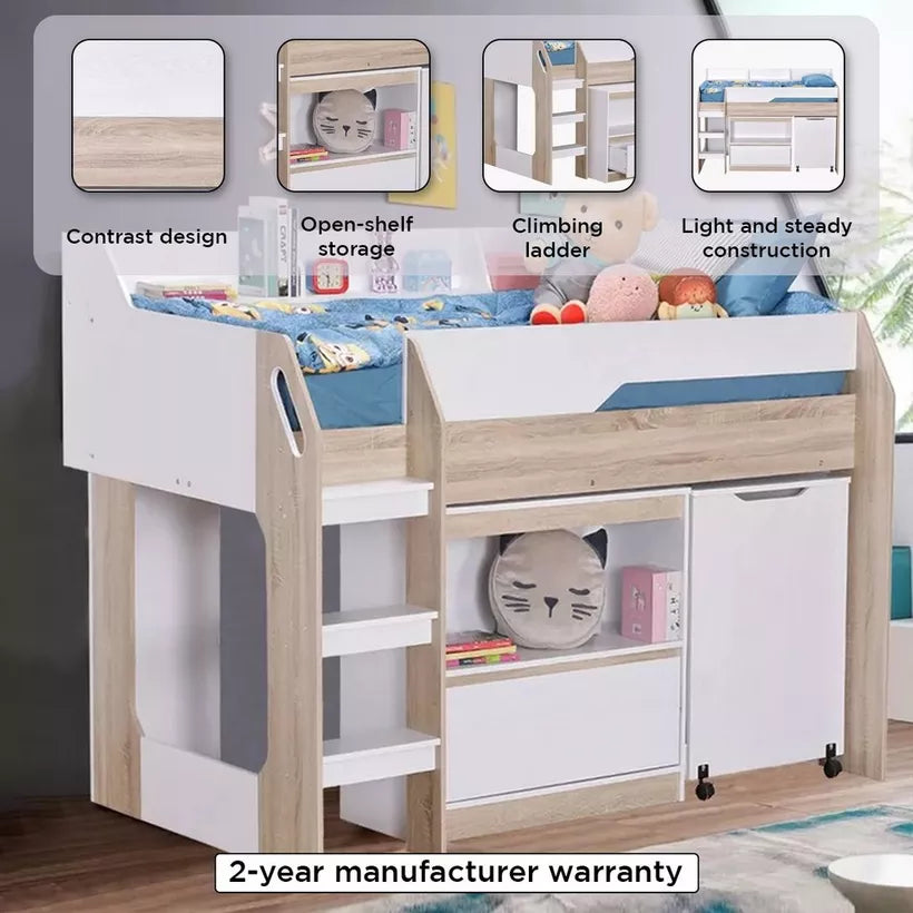 Mid Sleeper Single Bed with Study Desk and Storage - 90x190 cm-GCC Home Center