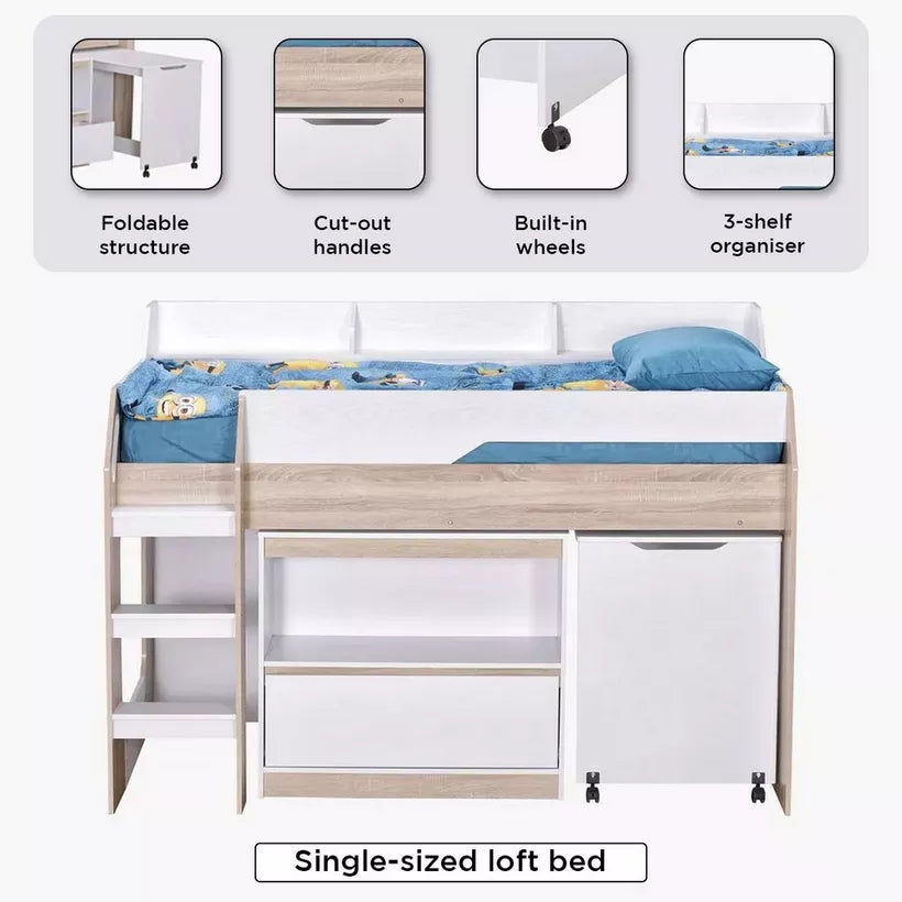 Mid Sleeper Single Bed with Study Desk and Storage - 90x190 cm-GCC Home Center