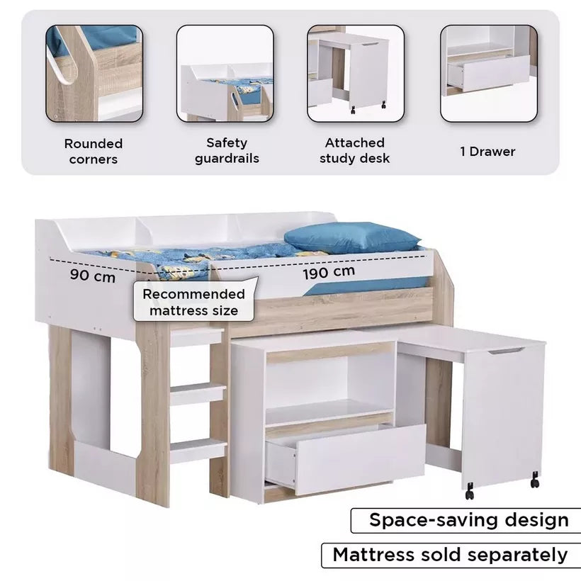 Mid Sleeper Single Bed with Study Desk and Storage - 90x190 cm-GCC Home Center