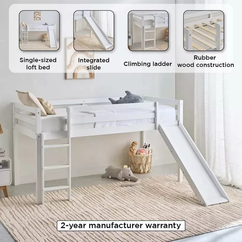 Vanilla Loft Single Bed with Slide and Climbing Ladder - 90x200 cm-GCC Home Center