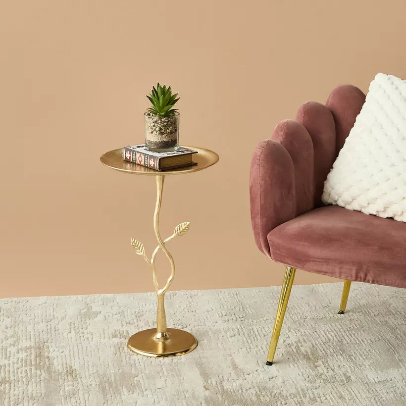 Leaf Mango Wood Pedestal Table – 33x57 cm | Classic Round Metal Top Accent Table