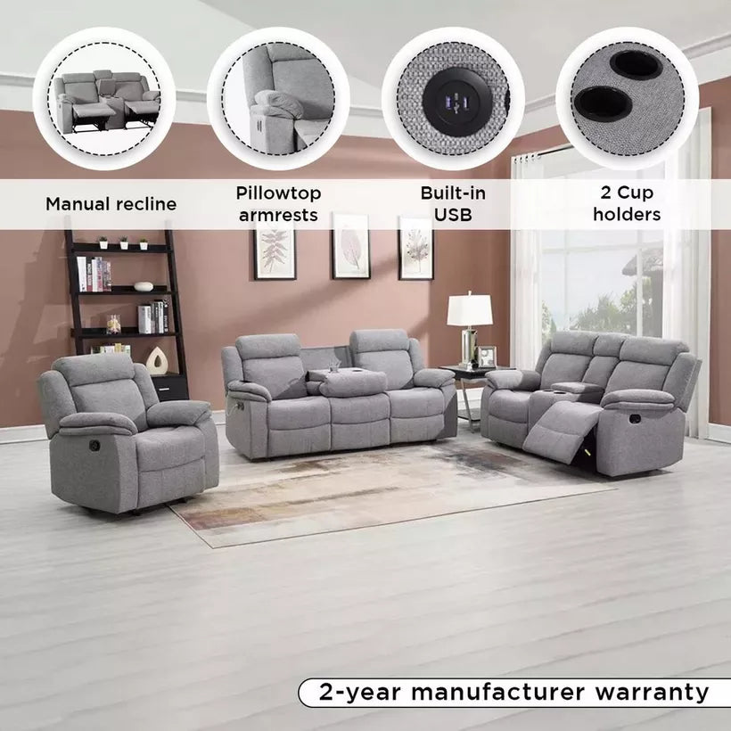 Hilton 2-Seater Fabric Recliner with Console, With 2 Cup Holders & USB Port