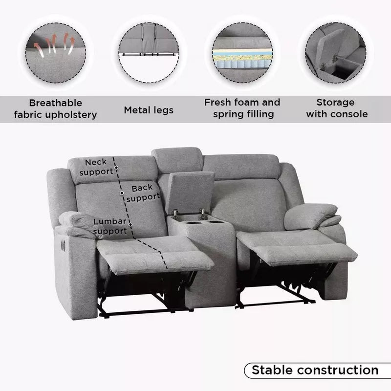 Hilton 2-Seater Fabric Recliner with Console, With 2 Cup Holders & USB Port