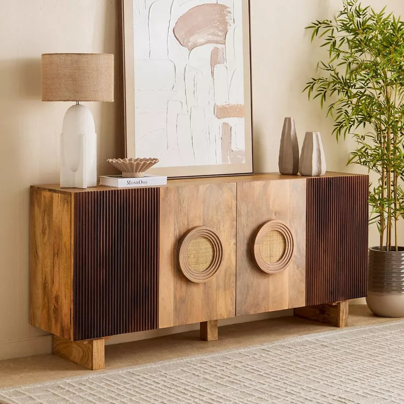 Solid Wood 4-Door Sideboard with Rattan