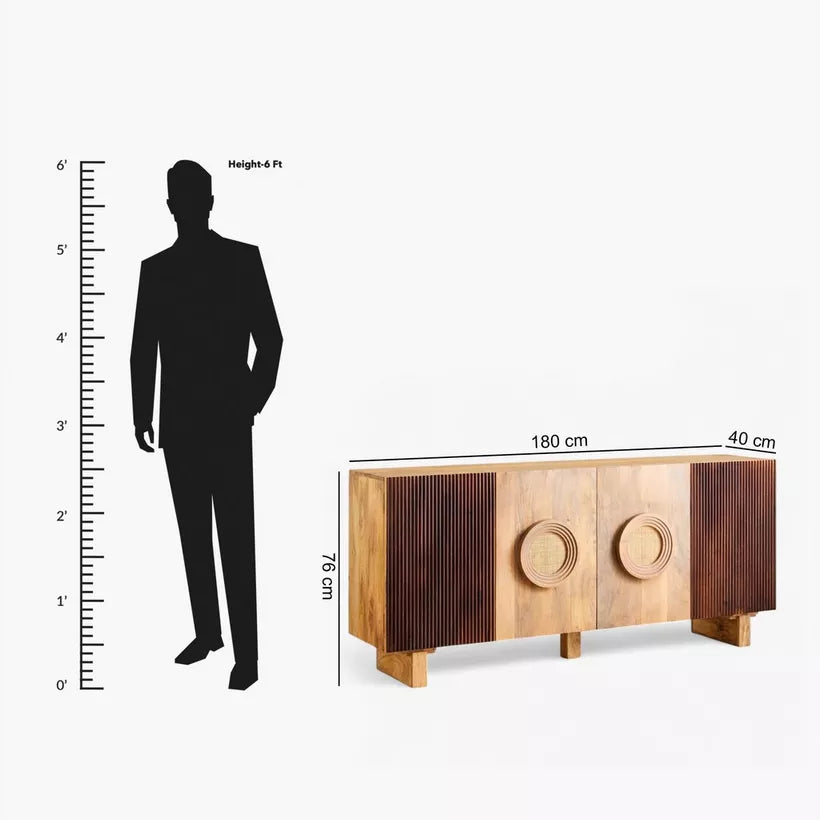 Solid Wood 4-Door Sideboard with Rattan