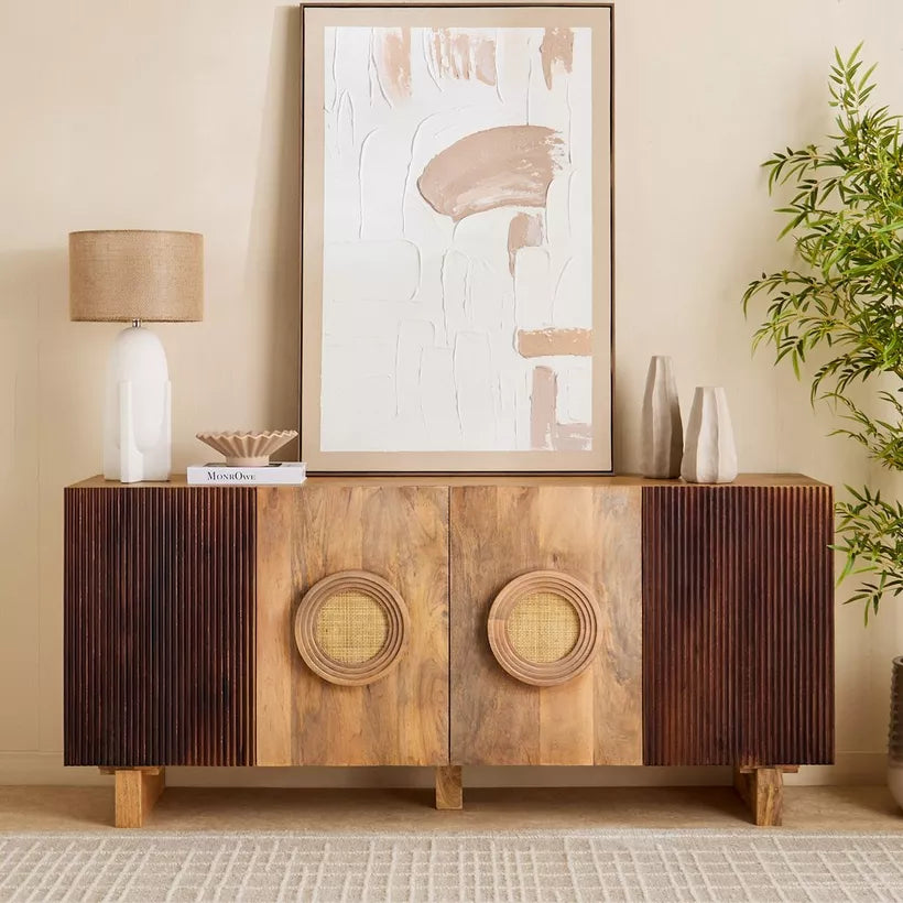 Solid Wood 4-Door Sideboard with Rattan