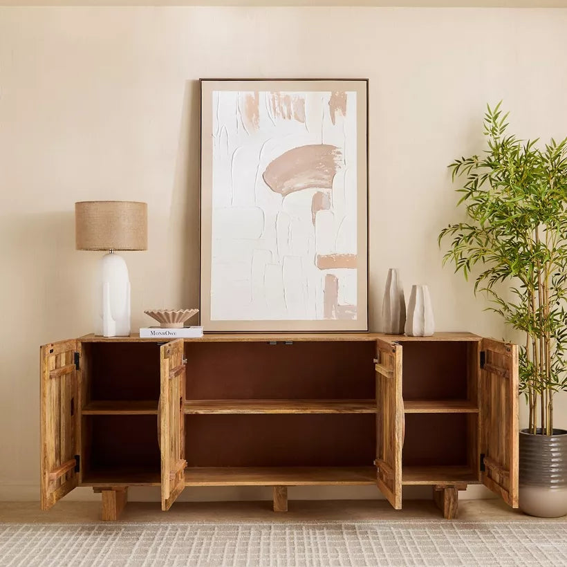 Solid Wood 4-Door Sideboard with Rattan