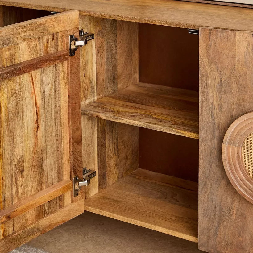 Solid Wood 4-Door Sideboard with Rattan