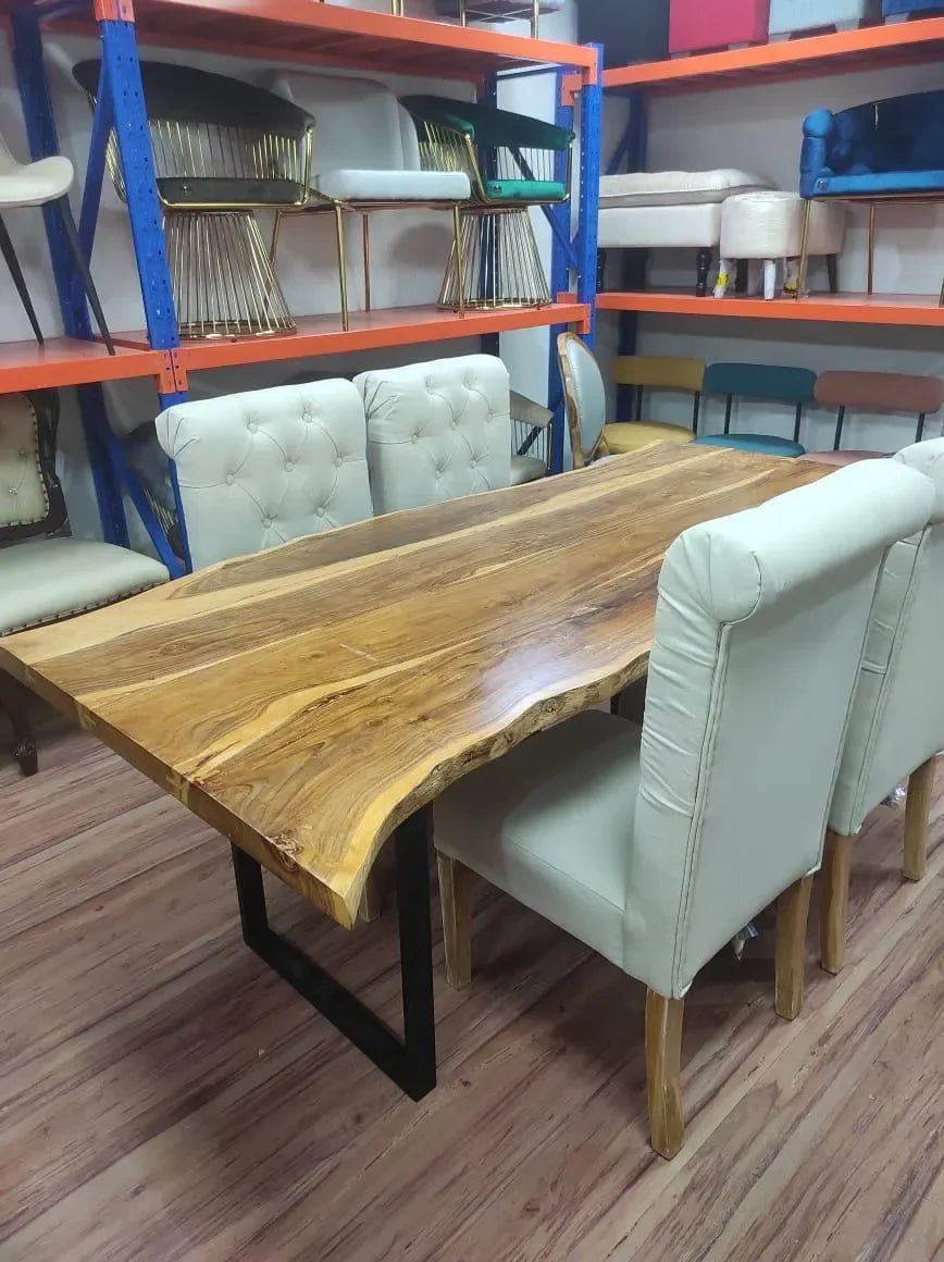 Elegant Acacia Wood & Wrought Iron Vintage Dining Table