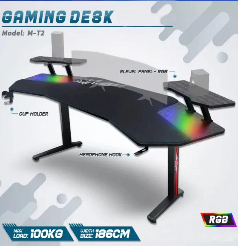 Gaming Desk Table With light, Computer Desk, Cup Holder and Headphone Hook Gamer Workstation Game Table-GCC Home Center