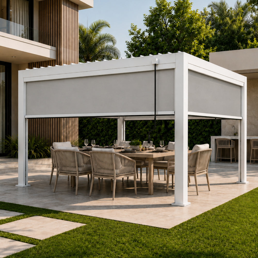 3x4m Manual Textilene Pergola with 4 Roller Blinds | Aluminum Outdoor Sun Shade Gazebo for Patio, Garden & Terrace