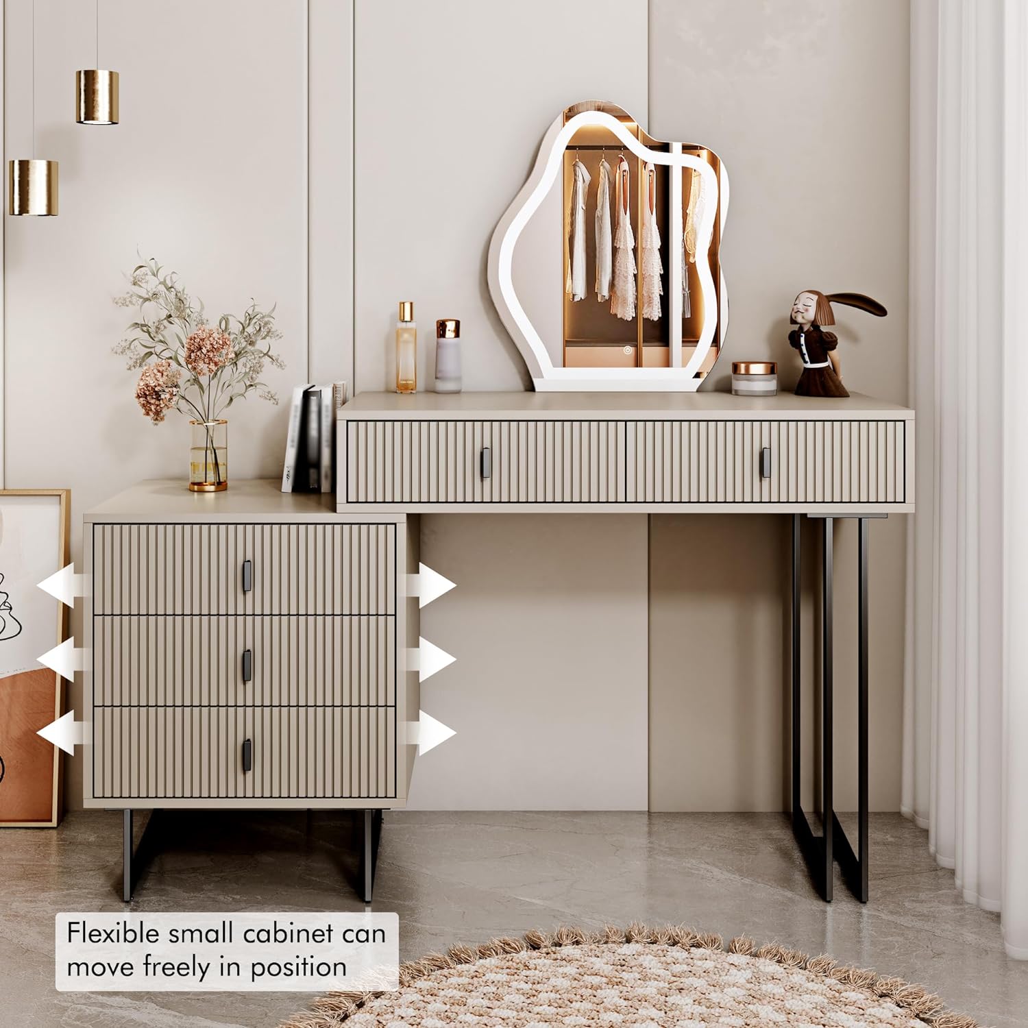 Modern Beige Vanity Desk with Wavy LED Mirror, Drawers, and Storage - Perfect for Makeup, Study, and Consoles-GCC Home Center