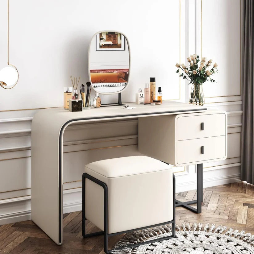 White Vanity Table Twined from Left Side with Two Storage Drawers, Mirror and Stool-GCC Home Center