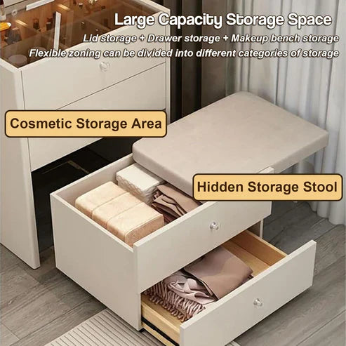 Smart Compact Dressing Vanity Table with LED Mirror, Foldable Bench, and Storage Drawers-GCC Home Center