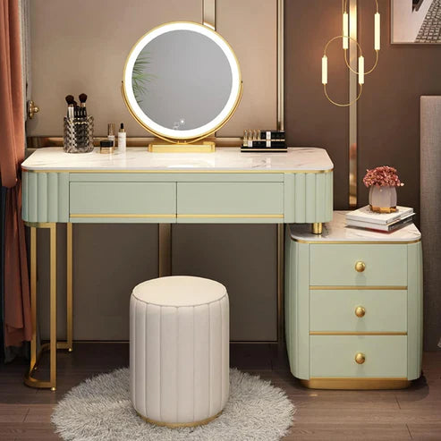 Mint Green Vanity Table Set with LED Mirror and Chair – Elegant Solid Wood Dressing Table-GCC Home Center