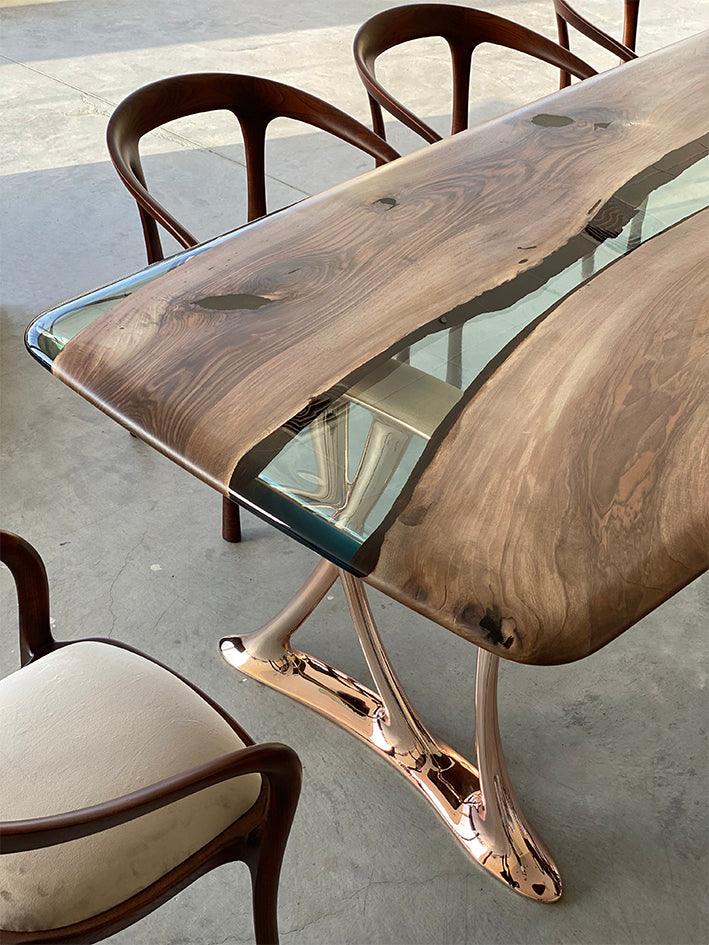 Pre Order Luxury Solid Wood & Resin Dining Table With Rose Gold Finish Metal Legs