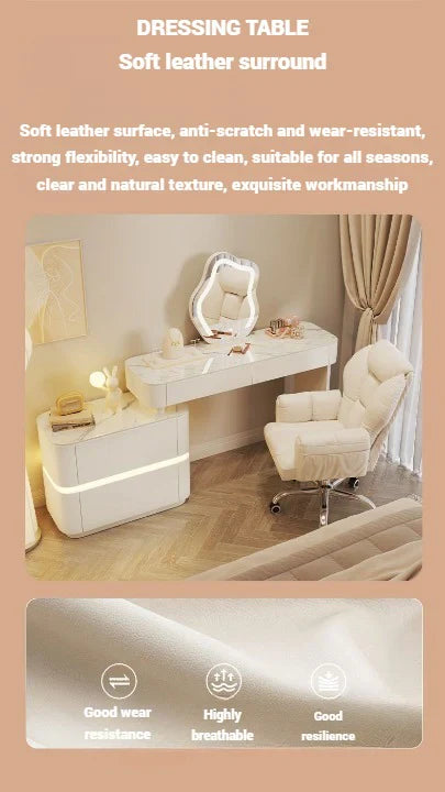 Modern White Dressing Table with LED Mirror - Sleek Makeup Vanity Desk with Slate Marble Finish and Soft-Close Drawers-GCC Home Center